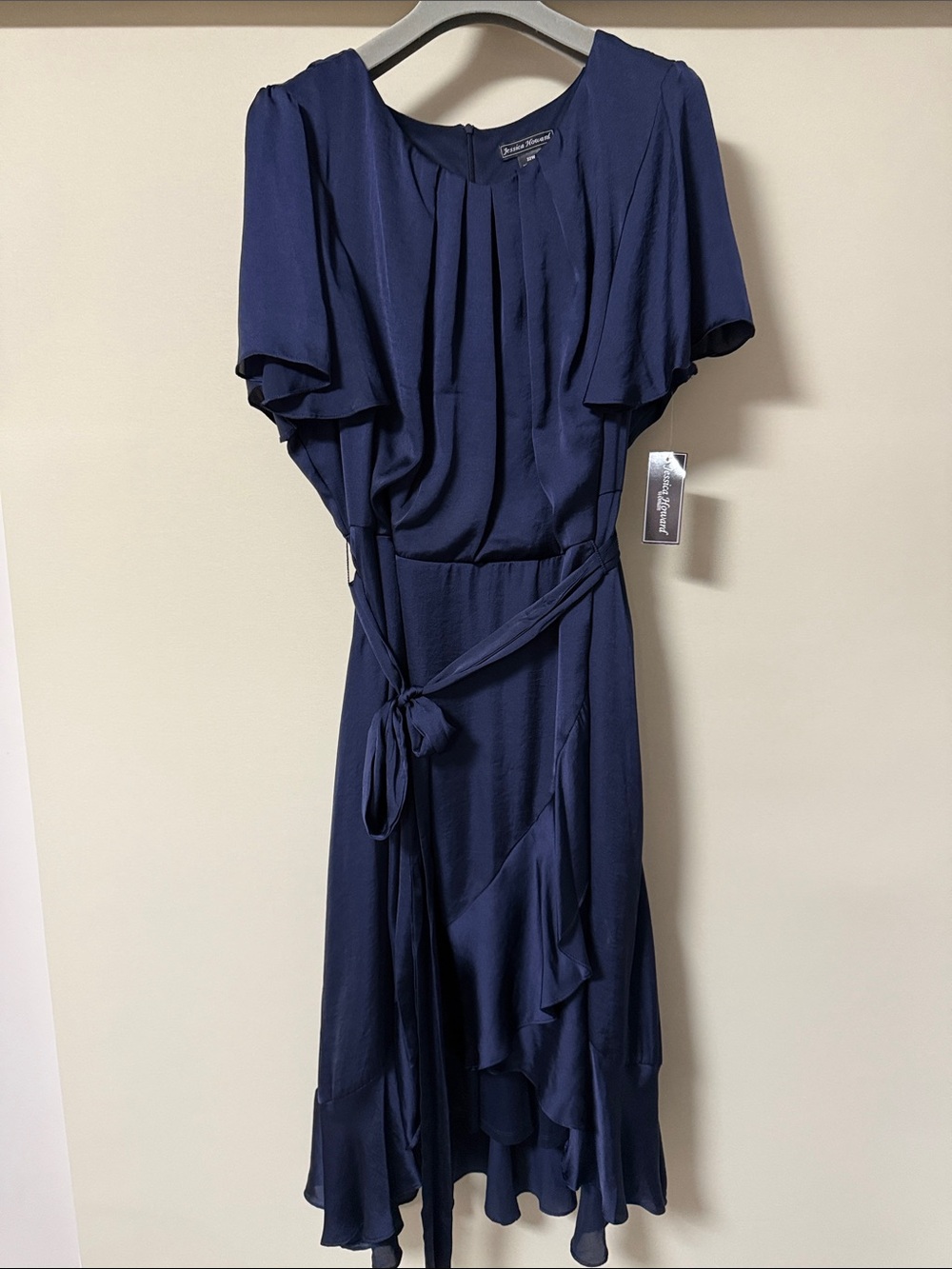 Jessica Howard Navy Flutter-Sleeve Midi Dress Woman’s Size 22W with Tie Waist